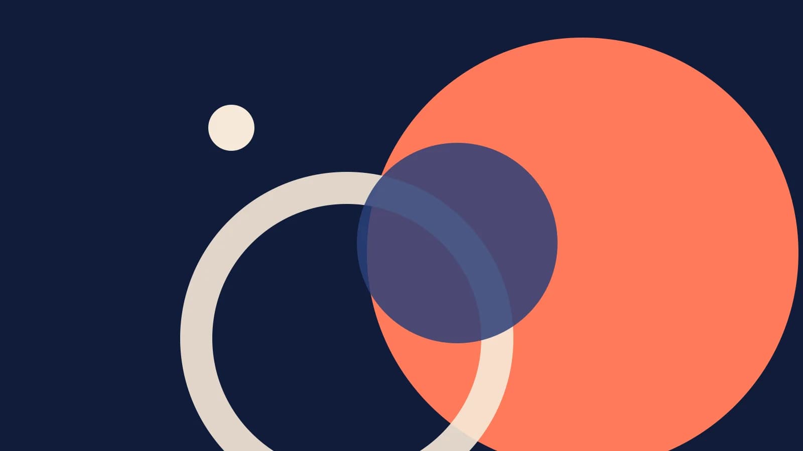 Abstract flat cover: a large coral circle cropped by the right edge, overlapped by a cream ring and a translucent disc on a navy-toned background