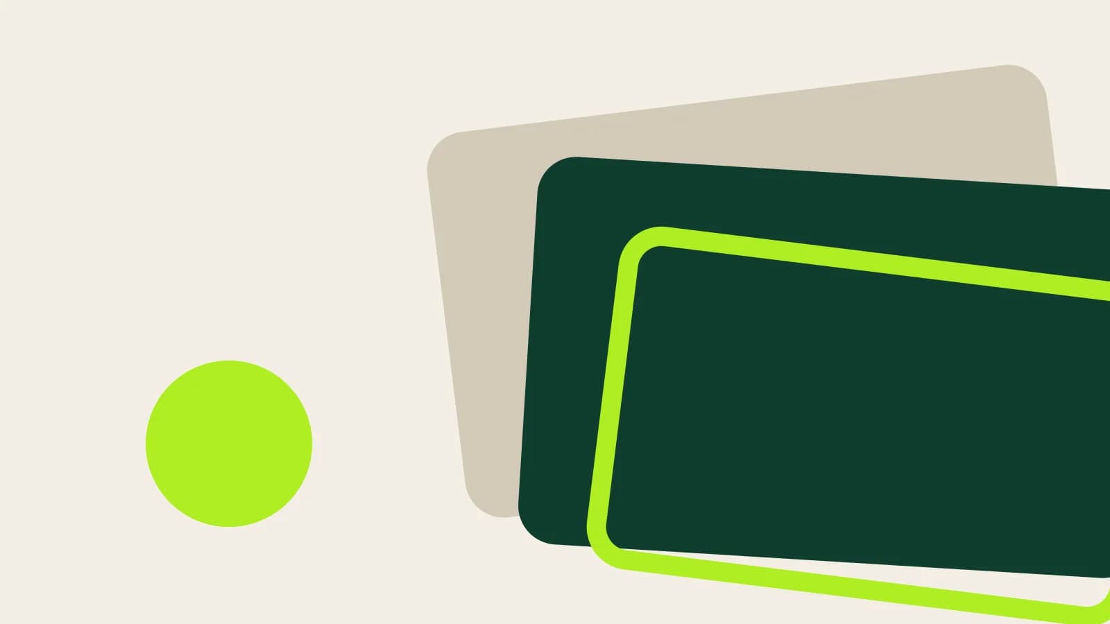 Abstract flat cover: stacked rounded forest green and ivory panels at slight angles, like layered video frames on an ivory-toned background